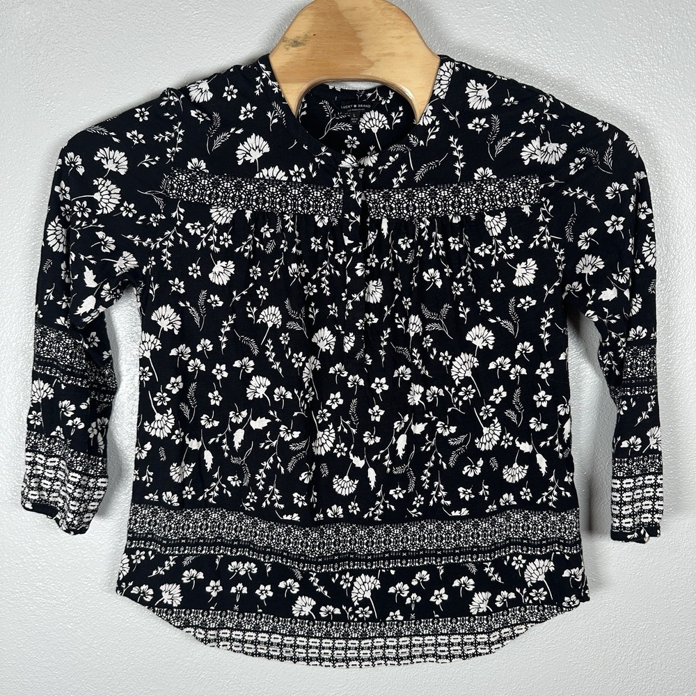 Lucky Brand Popover Top Size Large Black Cream Floral Cotton Peasant Long Sleeve - Picture 1 of 6